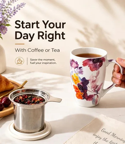Vista 5 de AmorArc Taza de té de porcelana de 18 onzas con infusor y tapa, taza de té de hojas sueltas con colador de acero inoxidable, taza de café grande