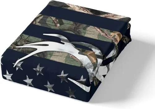 Vista 6 de Funda de edredón con bandera estadounidense de camuflaje, tamaño individual, silueta de ciervo y árboles grises, funda de edredón de estilo natural