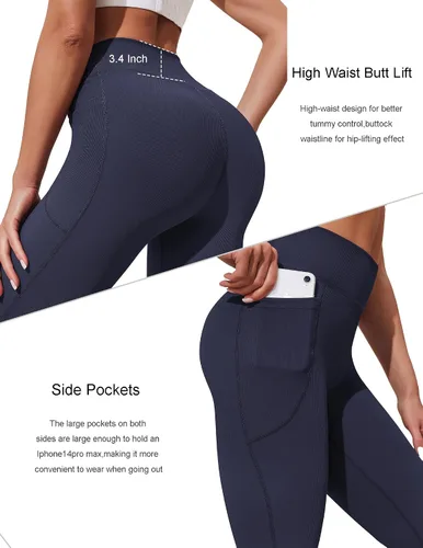 Vista 3 de Pinspark Pantalones de yoga acampanados para mujer, leggings acanalados con corte de bota, cintura alta, pantalones de entrenamiento con bolsillos