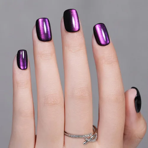 Vista 3 de Jofay Fashion - Uñas cortas a presión con diseño de ojo de gato, elegantes uñas cuadradas moradas, uñas postizas de gel suave, uñas postizas