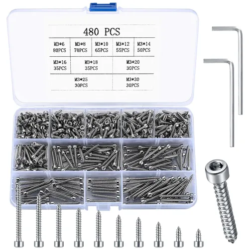 Vista 10 de Tornillos autorroscantes de cabeza hexagonal métrica, kit de surtido de 480 piezas de tornillos de cabeza hexagonal M3 de acero inoxidable, 480 negro