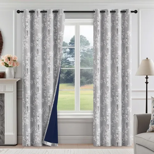 Vista 17 de FMFUNCTEX Grey Blackout Floral Curtains, Bedroom, 100X84 Inches, 1 Panel Gris Floral