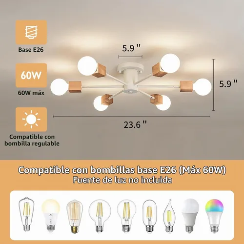 Vista 2 de Lámpara Sputnik Boho de 6 luces semiempotrada para techo, lámpara de techo de madera y blanca para comedor, sala de estar, dormitorio, cocina