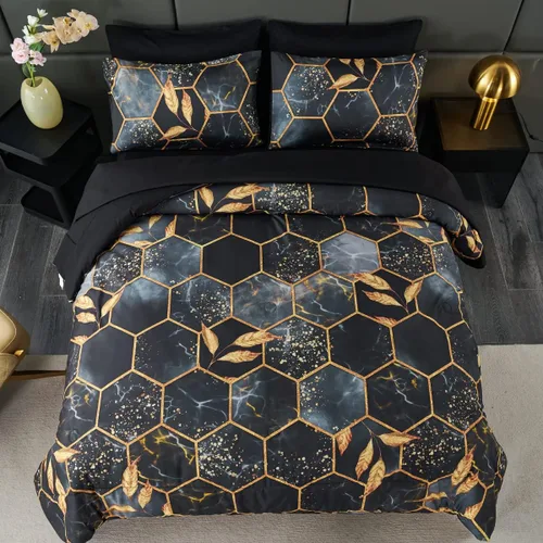 Vista 8 de ZRNBAST - Juego de edredón de nido de abeja negro de tamaño completo de 7 piezas, ropa de cama hexagonal suave y ligera, de mármol para todas