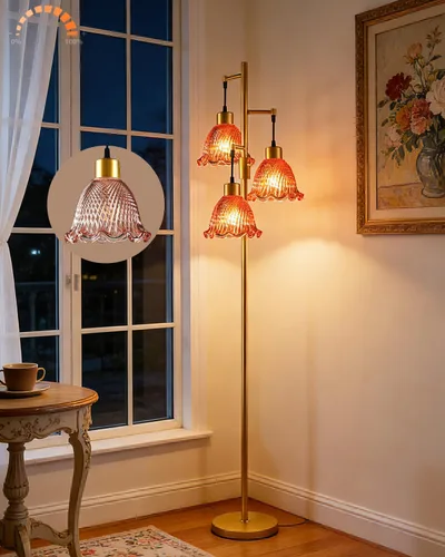 Vista 9 de Lámpara de pie moderna de cristal de 3 luces, lámpara alta de pie dorada con pantalla de vidrio de piña roja profunda, lámpara de pie LED regulable