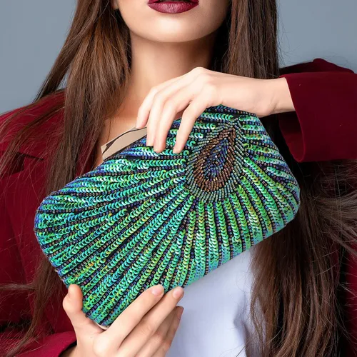 Vista 5 de Beaded Sequin Peacock Evening Clutch Bags Party Wedding Purse