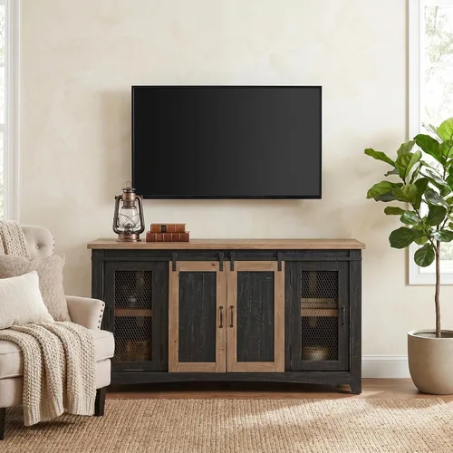 Vista 13 de Martin Svensson Home, mueble para TV Santa Fe de madera maciza, 65", negro antiguo y pino envejecido con aspecto desgastado Solid Pine, TV Stand