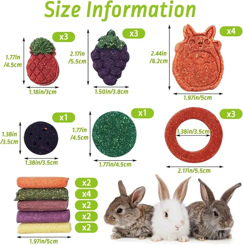Vista 4 de Fhiny 27 piezas de juguetes masticables de conejo para dientes, golosinas naturales de conejo, chinchillas, bocadillo, juguetes molares