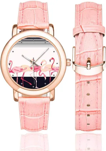 Vista 2 de Lindo Flamingo Birds Reloj de pulsera con correa de cuero rosa para mujer