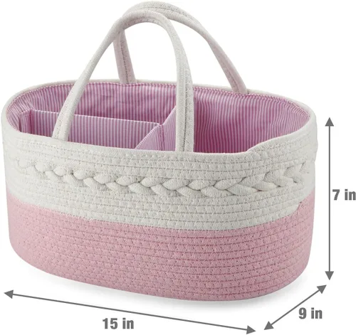 Vista 3 de PandaEar Organizador de pañales para bebé, cesta de almacenamiento de cuerda de algodón, organizador portátil de automóvil para baby shower, regalos
