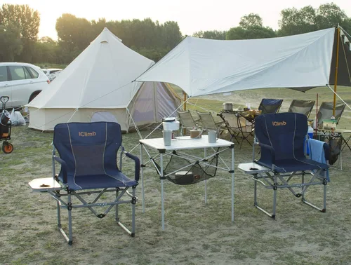 Vista 7 de iClimb Silla de malla plegable de camping compacta resistente con mesa auxiliar y asa