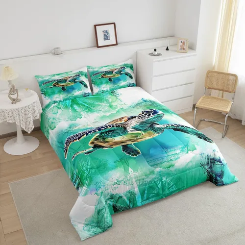 Vista 3 de Juego de edredón de tortuga marina para niños, tamaño individual, juego de ropa de cama con brújula náutica del océano, juego de edredón retro