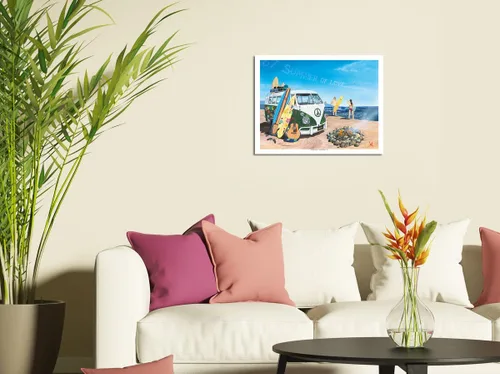 Vista 3 de Pacifica Island Art Summer of Love - VW Van clásica - Tabla de surf de playa - De una pintura original de Scott Westmoreland - Cartel de metal
