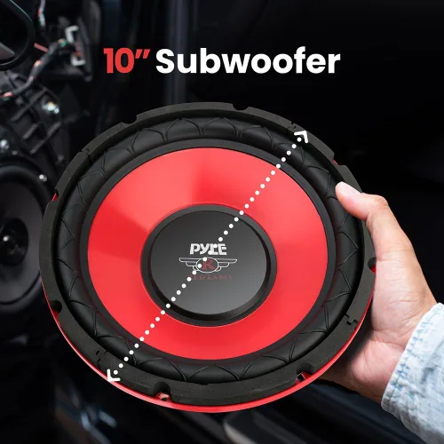 Vista 2 de Pyle Subwoofer de audio para automóvil de 10 pulgadas, potencia máxima de 600 W, woofer de bobina de voz única de 4 ohmios, cono galvanizado rojo