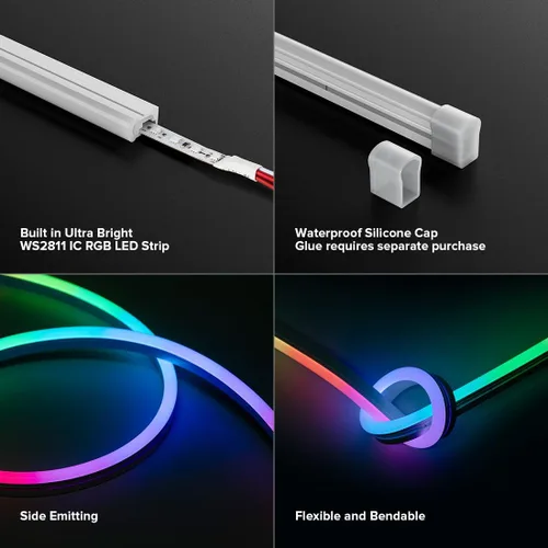 Vista 5 de SEZO Tira de luces LED de neón que emiten lateralmente direccionables WS2811 IC RGB color de persecución 3M DC24V 108LEDs/m IP67 Cuerda de neón