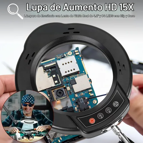 Vista 6 de Lupa 15X con luz y soporte, 5 modos de color, 10 niveles de brillo ajustable, lámpara de escritorio 2 en 1 con abrazadera, lupa de luz LED manos