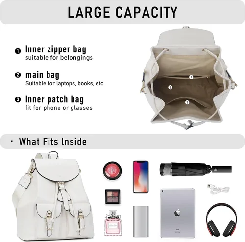 Vista 5 de Chinllo Mochila para mujer, de cuero vegano, a la moda, mochila escolar, diseño multiusos, Solapa blanca, Casual