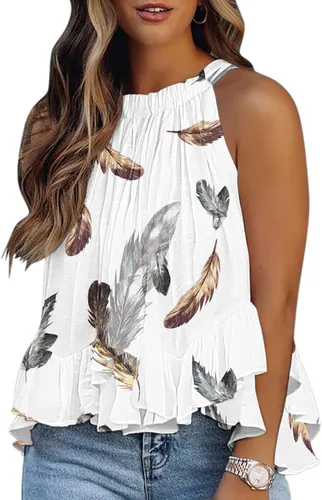 Vista 3 de Blusas de verano con estampado floral, sin mangas, dobladillo con volantes, holgadas, lindas, tipo babydoll, Beige