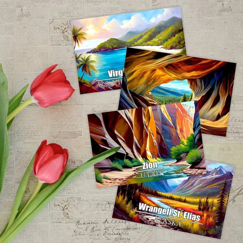 Vista 7 de PARTH iMPEX Juego de postales de 63 parques nacionales de Estados Unidos, pósteres de viaje vintage, kit de collage estético de pared, tarjetas