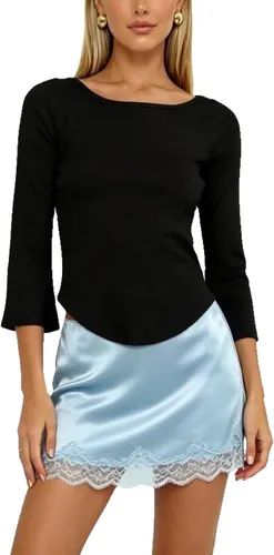 Vista 11 de Camiseta de manga 3/4 para mujer, cuello barco, ajuste delgado, manga de A Blanco