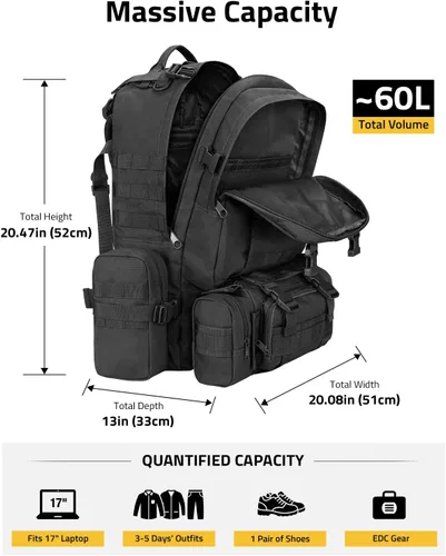Vista 3 de CVLIFE Mochila táctica militar de asalto mochila Molle desmontable 01-negro con parche