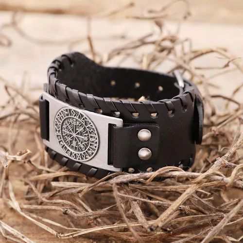 Vista 5 de HAQUIL Pulsera vikinga wicca egipcia negra marrón ancha de cuero pulsera antigua medieval joyería regalo para hombres