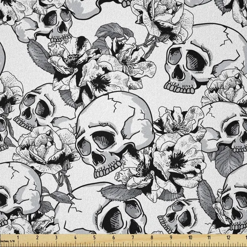 Vista 11 de Ambesonne The Yard, tela de calavera colorida con temática de Halloween, diseño de calavera y huesos cruzados, divertido estampado de dibujos