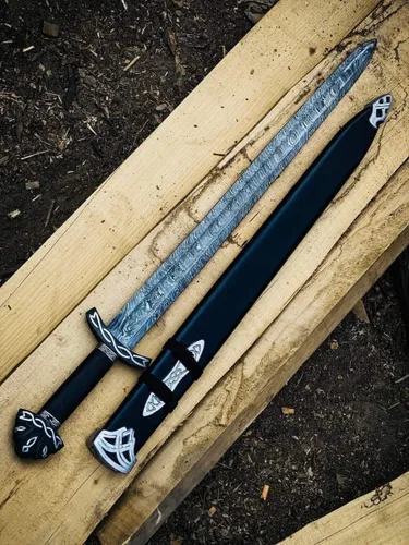 Vista 5 de Espada de acero de Damasco hecha a mano, estilo vikingo, hoja de espiga completa con mango de madera y vaina, réplica medieval coleccionable, regalo