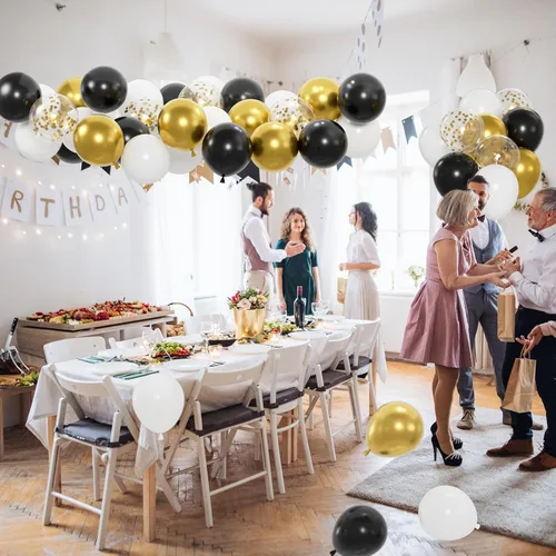 Vista 4 de 50 unidades de globos negros, dorados y blancos con globos de confeti de oro metálico y negro de 12 pulgadas para la graduación de la clase