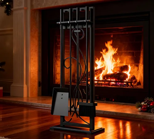Vista 9 de Kingson Juego de herramientas para chimenea de 5 piezas – 30.5" Diseño de volutas negras, accesorios de chimenea de servicio pesado para chimeneas