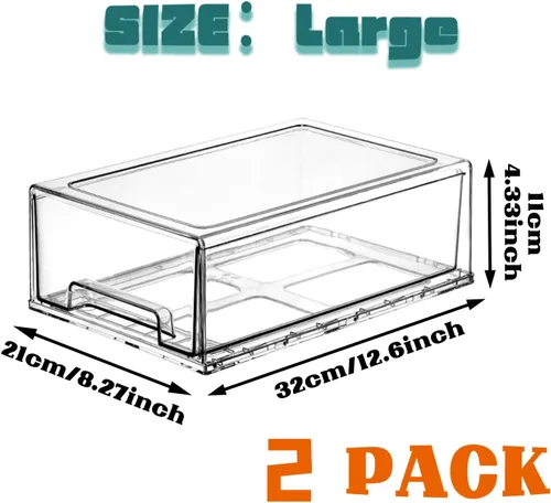 Vista 2 de Organizadores de refrigerador apilables transparentes y cajones de almacenamiento – Contenedores extraíbles para refrigerador con asas para cocina