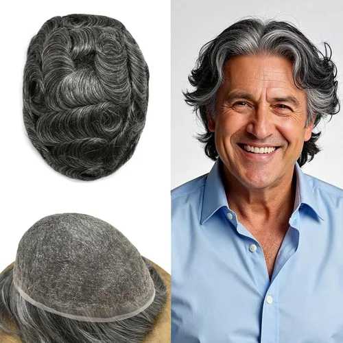 Vista 94 de PUNRU HAIR Completo Swiss Lace Toupee para hombres Sistema de cabello humano real Sistema de reemplazo de cabello humano para hombre Toupee