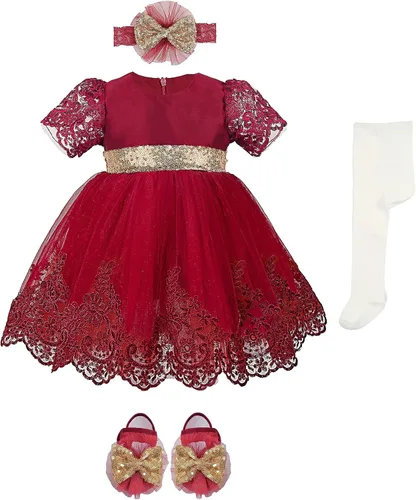 Vista 2 de Lilax Conjunto de 4 piezas de vestido de fiesta de boda de princesa de encaje recién nacido para bebé niña