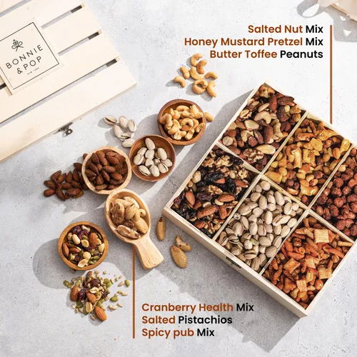 Vista 2 de Bonnie & Pop- Cesta de regalo de frutos secos, en caja de madera reutilizable, opción de regalo saludable, caja de aperitivos gourmet, con sabores