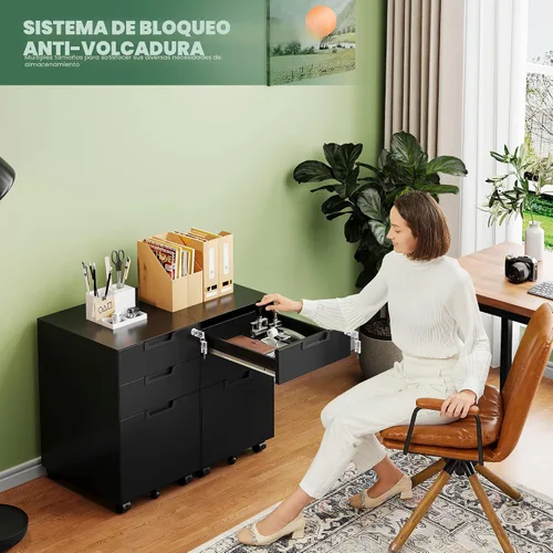 Vista 9 de Letaya Archivador móvil de 3 cajones con cerradura, archivadores pequeños de metal debajo del escritorio para organizador de oficina en casa Negro
