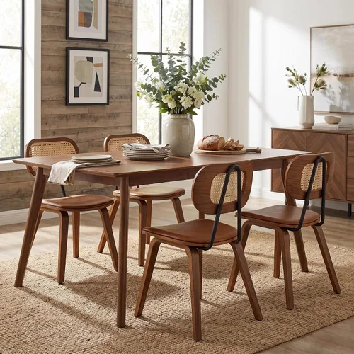 Vista 14 de Juego de 2 sillas de comedor de ratán, asiento de piel sintética Beige/Negro