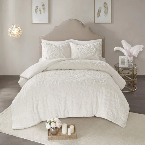 Vista 19 de Madison Park Juego de ropa de cama de algodón chenille con mechones para todas las estaciones, fundas a juego, tamaño matrimonial/queen