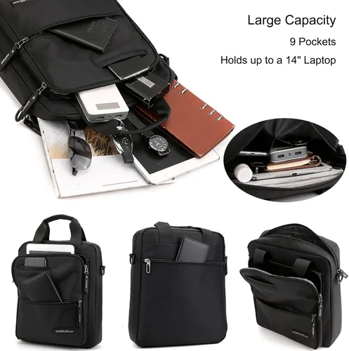 Vista 3 de zhongningyifeng Bolso bandolera para portátil de 14 pulgadas para hombre, de nailon, grande, impermeable, casual, negro, para trabajo, viajes, al