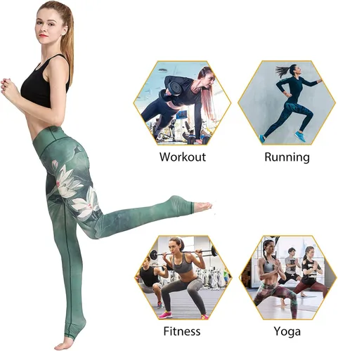 Vista 6 de Sunrade Pantalones de yoga impresos, cintura alta, control de barriga de entrenamiento, pantalones capris sobre el talón polainas para mujeres