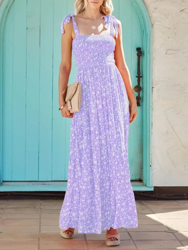 Vista 2 de Vestido largo ZESICA, de verano, con estampado floral y tirantes, sin mangas, cuello cuadrado, con fruncido y volantes, acampanado, para mujer