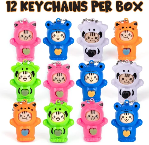 Vista 2 de ArtCreativity Llaveros de animales que cambian la cara para niños, juego de 12, bonitos llaveros con 4 expresiones diferentes y 5 diseños, recuerdos