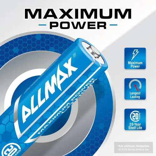 Vista 2 de Baterías de litio AA de Allmax Máxima Potencia (12 unidades) – De mayor duración, a prueba de derrames, vida útil de 20 años, rendimiento máximo