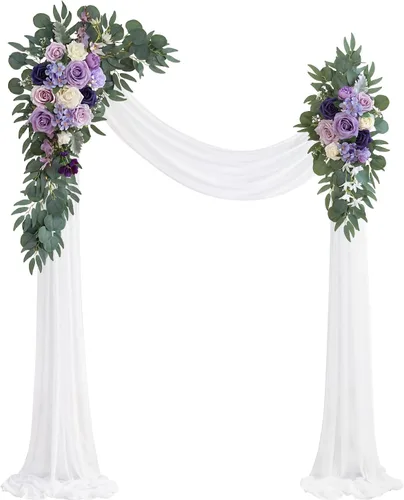 Vista 13 de Olalaka Kit de flores artificiales para arco de boda de color burdeos (paquete de 3) con tela drapeada de arco brillante borgoña de 26 pies