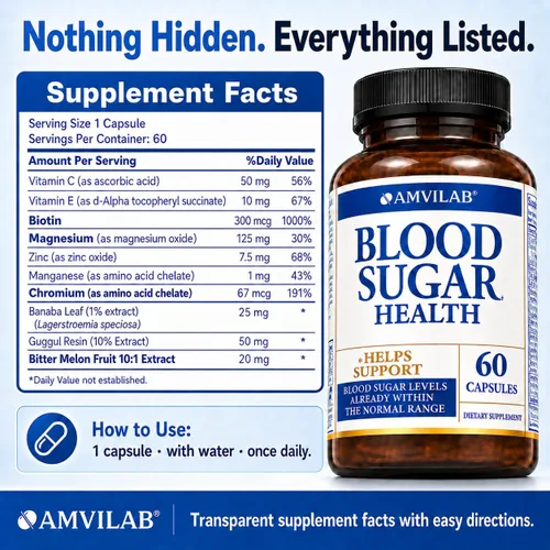 Vista 6 de Blood Sugar Health Natural 20 hierbas y vitaminas con canela, ácido alfa lipoico para apoyar la salud, sin OMG, para hombres y mujeres, soporta