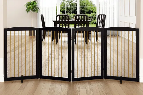 Vista 28 de PUPETPO Puerta independiente para mascotas para perros, puerta plegable de madera para perros para casa, escaleras, entradas, valla de seguridad