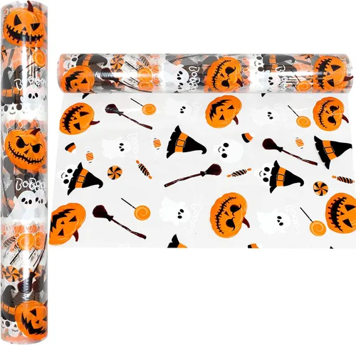 Vista 4 de AnapoliZ Rollo de celofán de Halloween 100 pies de largo x 16 pulgadas de ancho 2.3 mil de grosor, transparente con diseños de Halloween