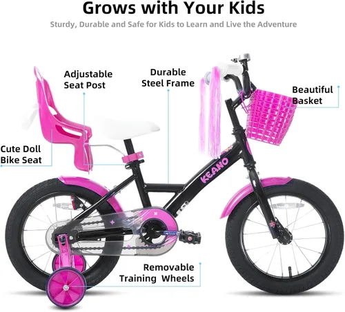 Vista 2 de KEANO Zinnia 14 16 20 Inch Kids Bike for Girls Ages 3-10 Years, Girls' Bikes with Training Wheels, Streamers, Basket and Doll Seat, Children Bicycles