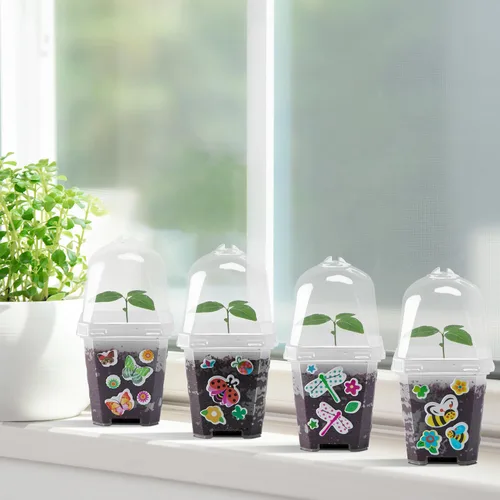 Vista 6 de EBaokuup 10 macetas transparentes para vivero de plantas con cúpula de humedad, maceta de plástico reutilizable de 3 pulgadas con etiquetas
