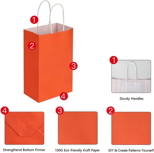 Vista 6 de Cada paquete de 100 bolsas pequeñas de papel kraft naranja y morado con asas a granel