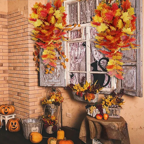 Vista 7 de Plantas colgantes de hojas de arce de otoño, hojas artificiales de otoño, vides al aire libre, decoración al aire libre, hojas de arce artificiales